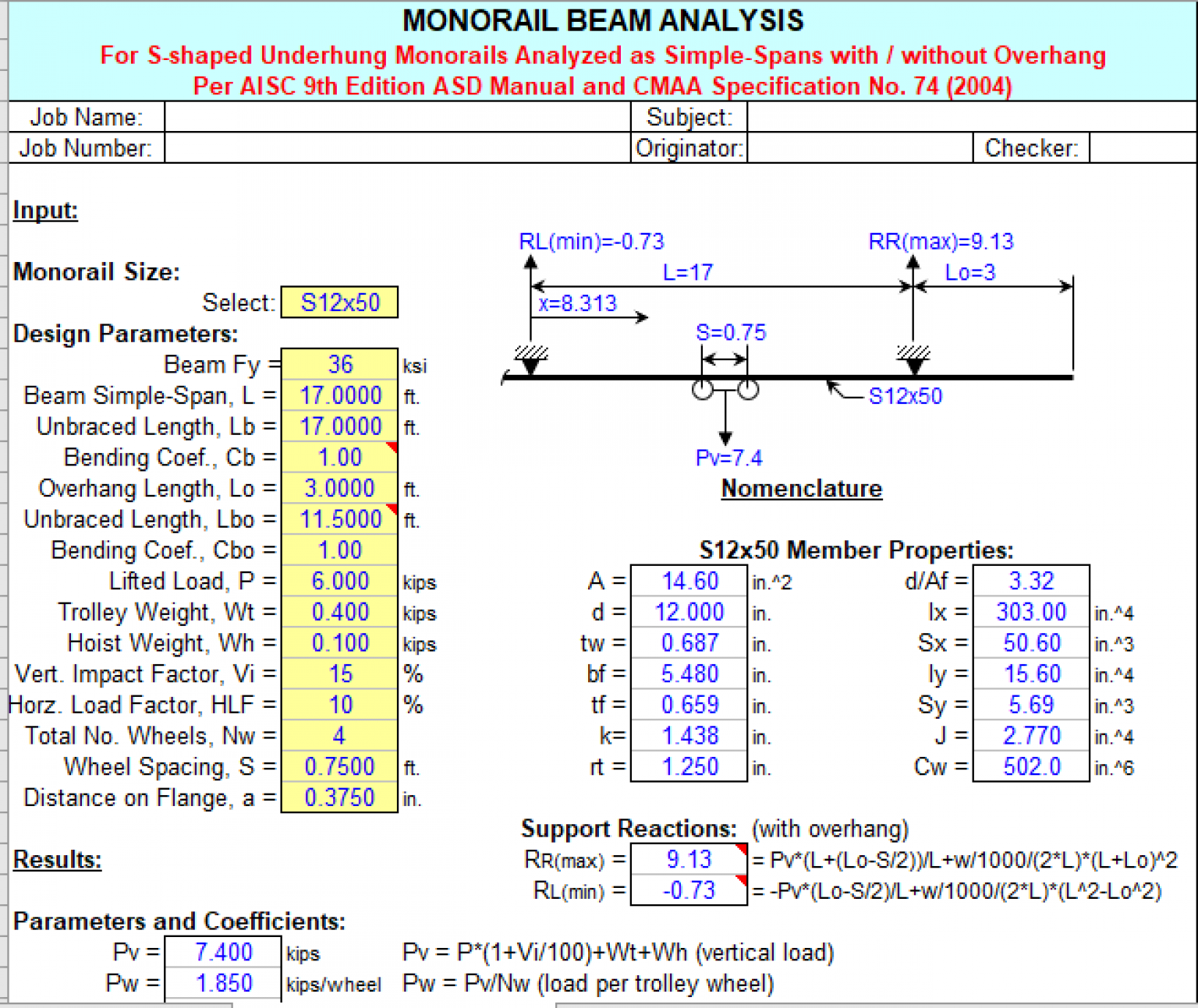 Monorail Beam Analysis Excel Sheets