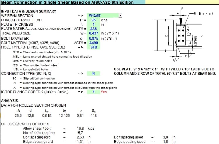Beam Connection START HERE in Single Shear Based on AISC ASD 9th Edition