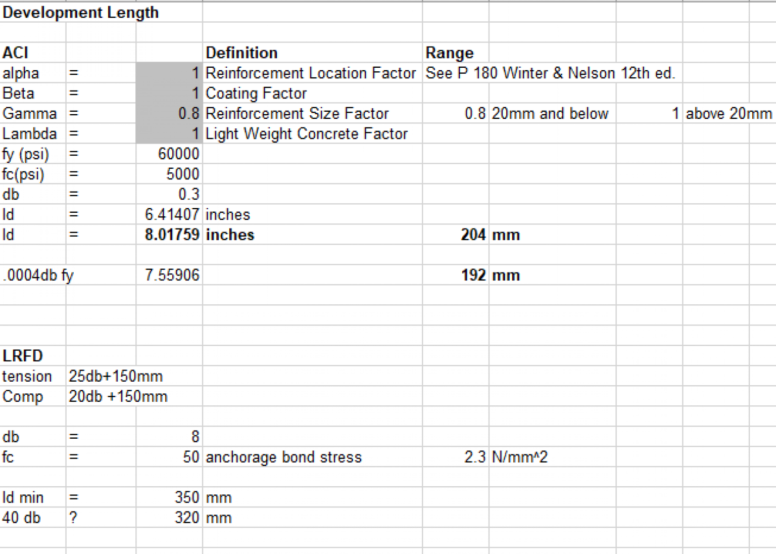 development-length-excel-sheets