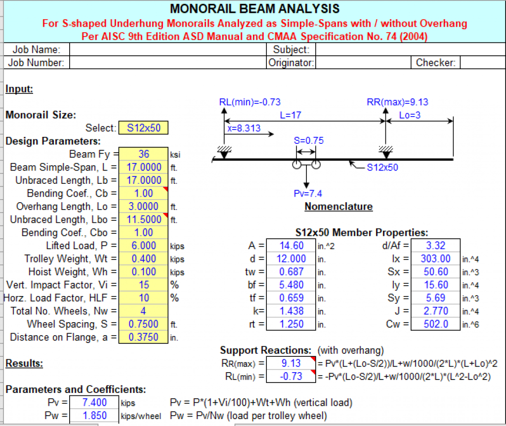 MONORAIL BEAM ANALYSIS - Excel Sheets