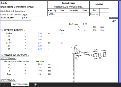 Rafter Rolled Section - Excel Sheets