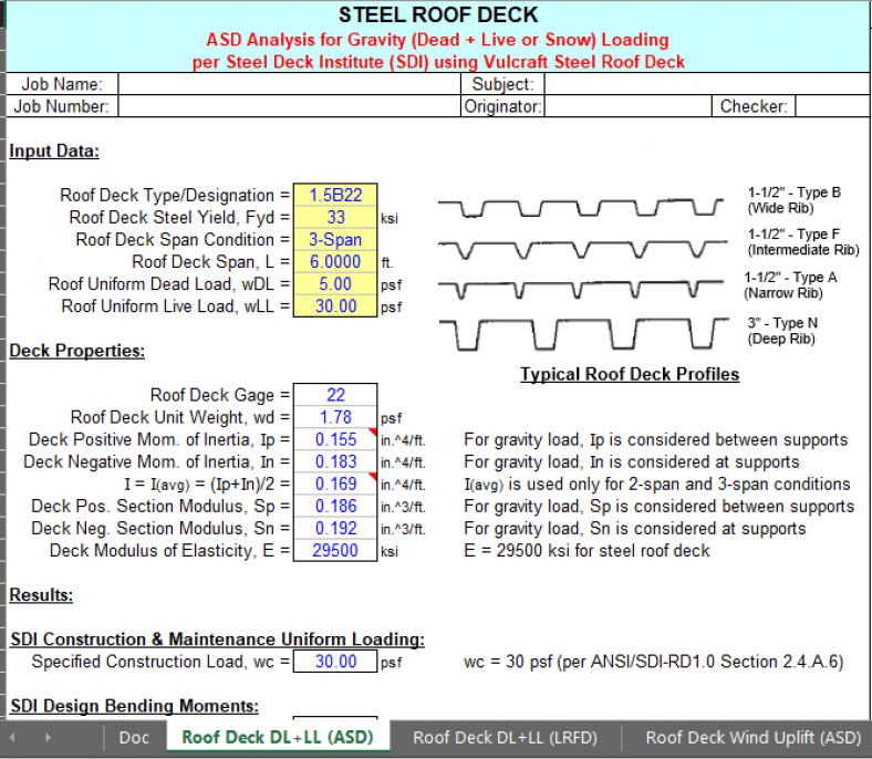 ROOF STEEL DECK ANALYSIS / DESIGN - Excel Sheets