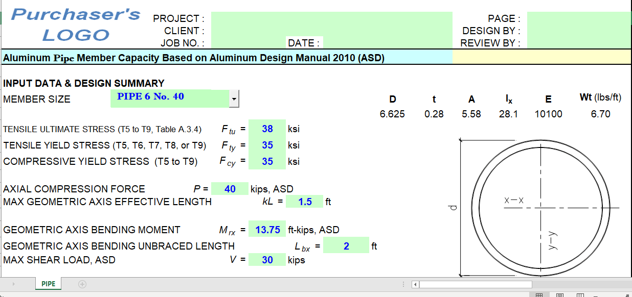 Aluminum Pipe Member Capacity Based on Aluminum Design Manual 2010 ASD