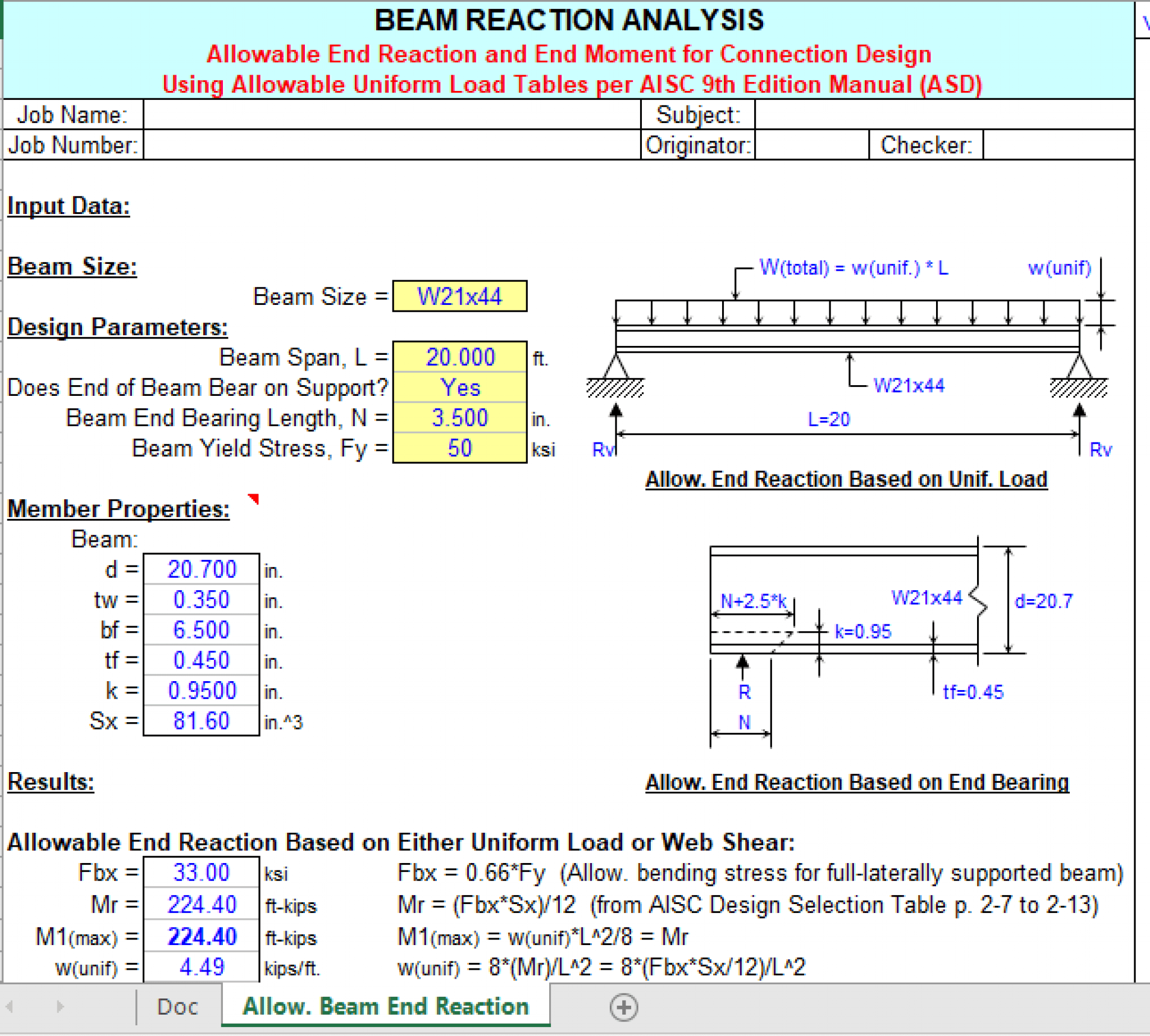 BEAM REACTION ANALYSIS - Excel Sheets