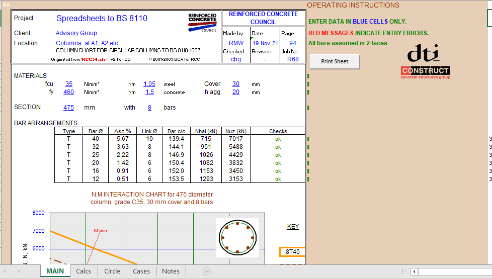COLUMN CHART FOR CIRCULAR COLUMNS TO BS 8110 1997