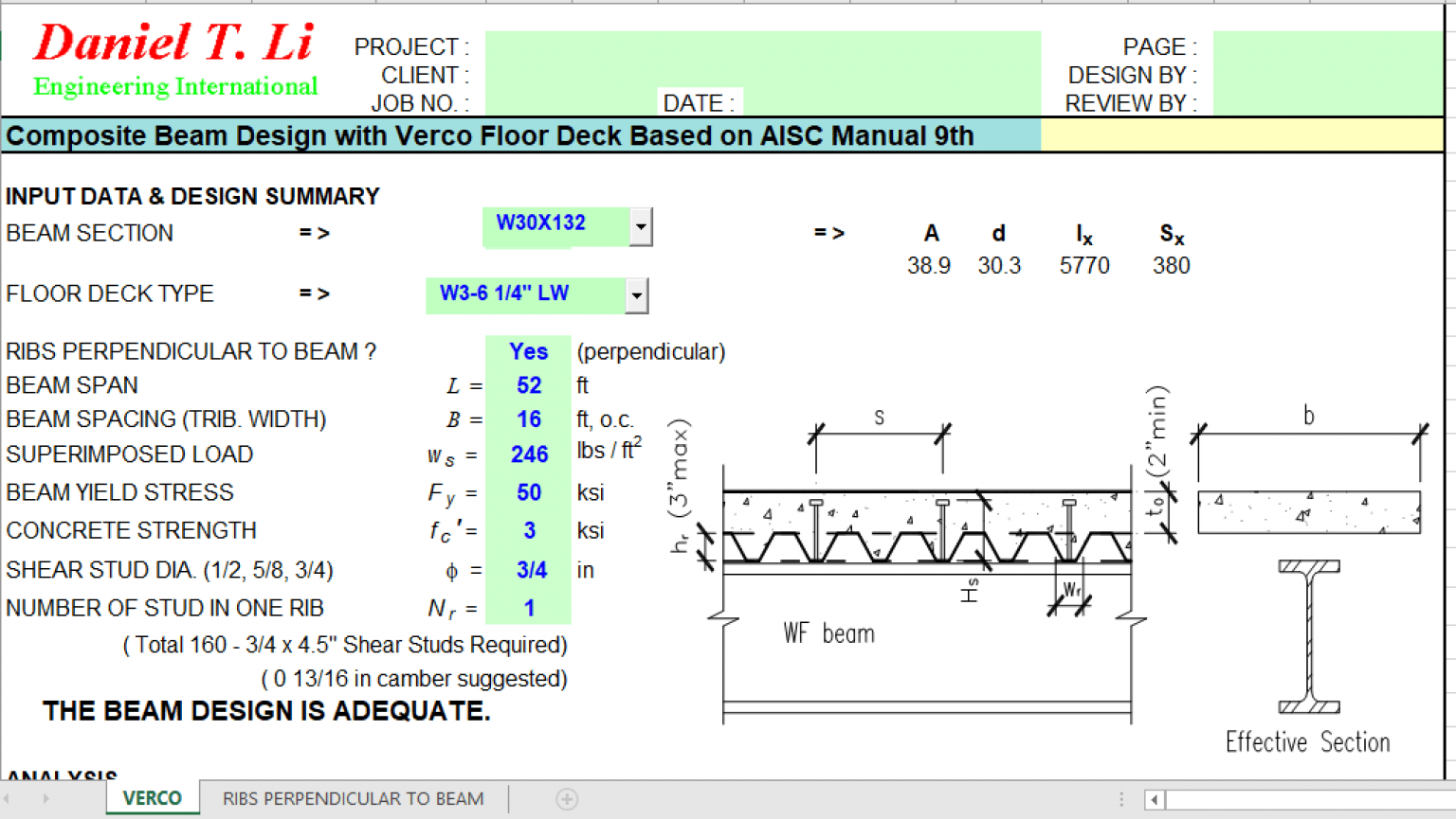 Composite Beam Design With Verco Floor Deck Based On Aisc Manual 9th 