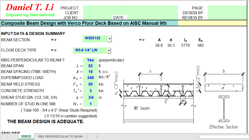 Composite Beam Design with Verco Floor Deck Based on AISC Manual 9th