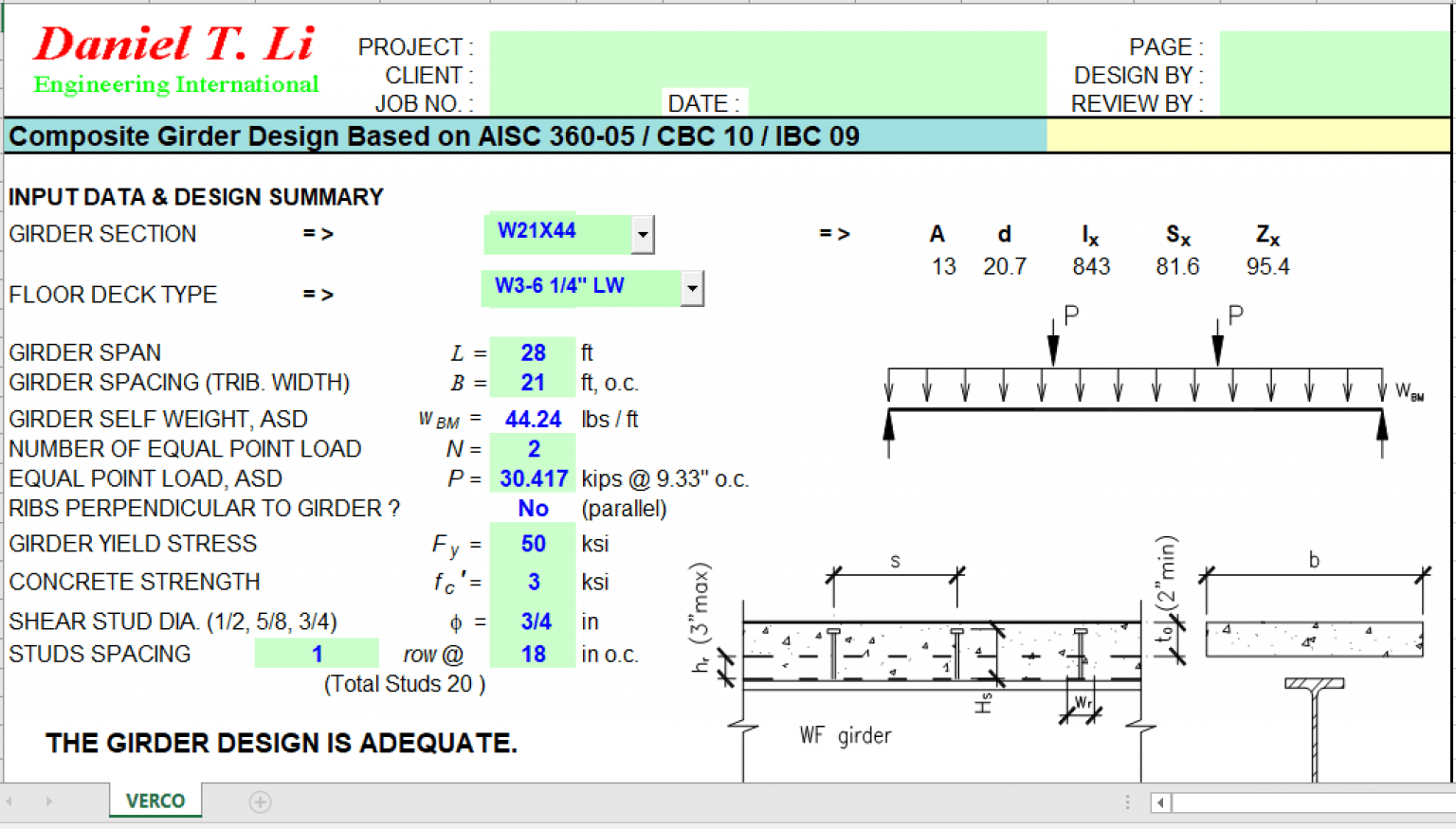 Composite Girder Design Based on AISC - Excel Sheets