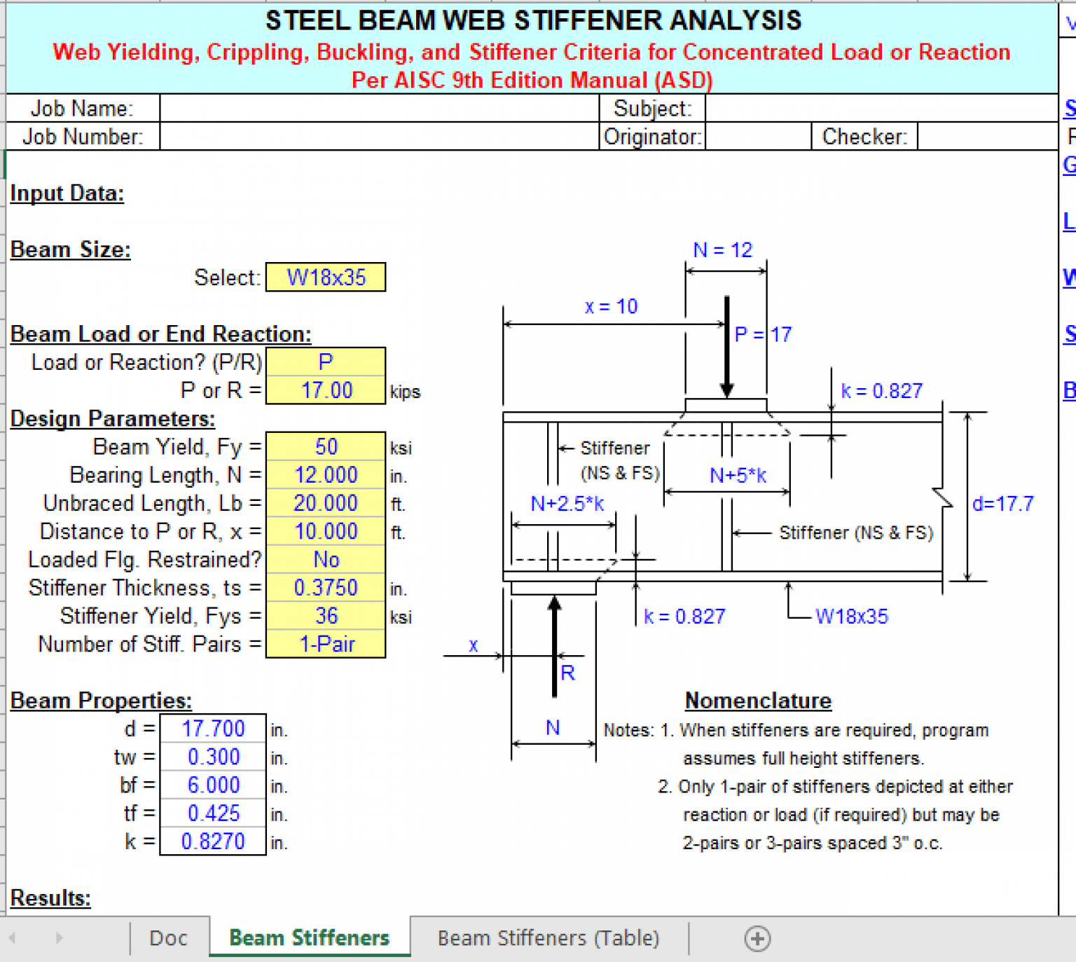 Steel analysis. Stiffener. Beam stiffener. Bearing stiffener. Buckling web.