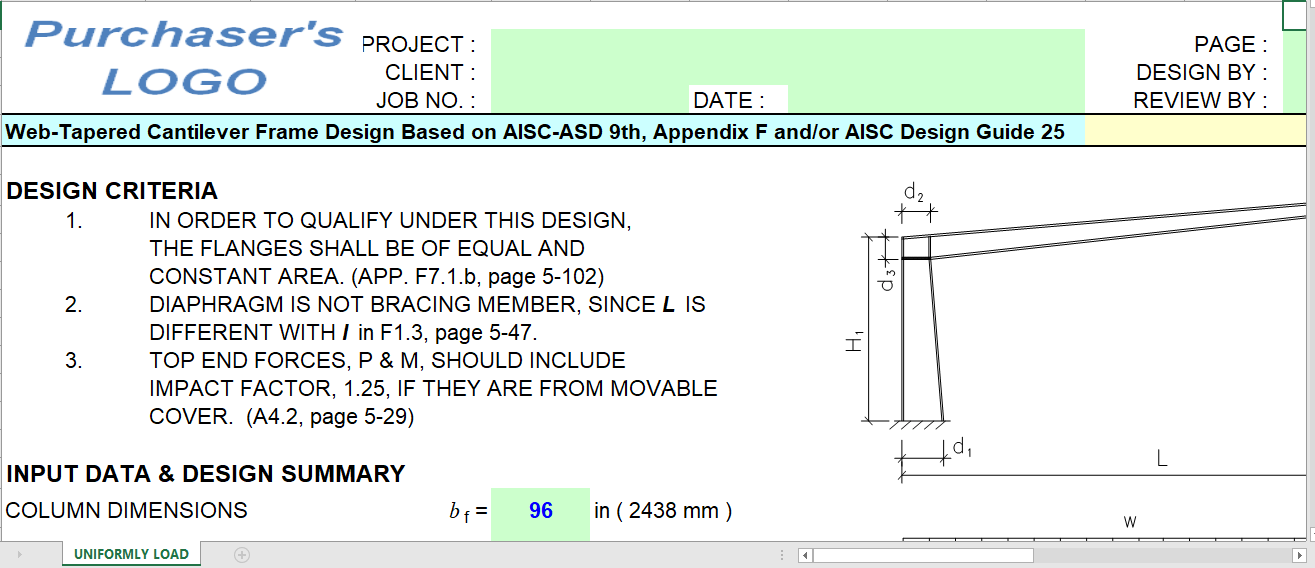 Web Tapered Cantilever Frame Design Based on AISC ASD 9th Appendix F and or AISC Design Guide 25