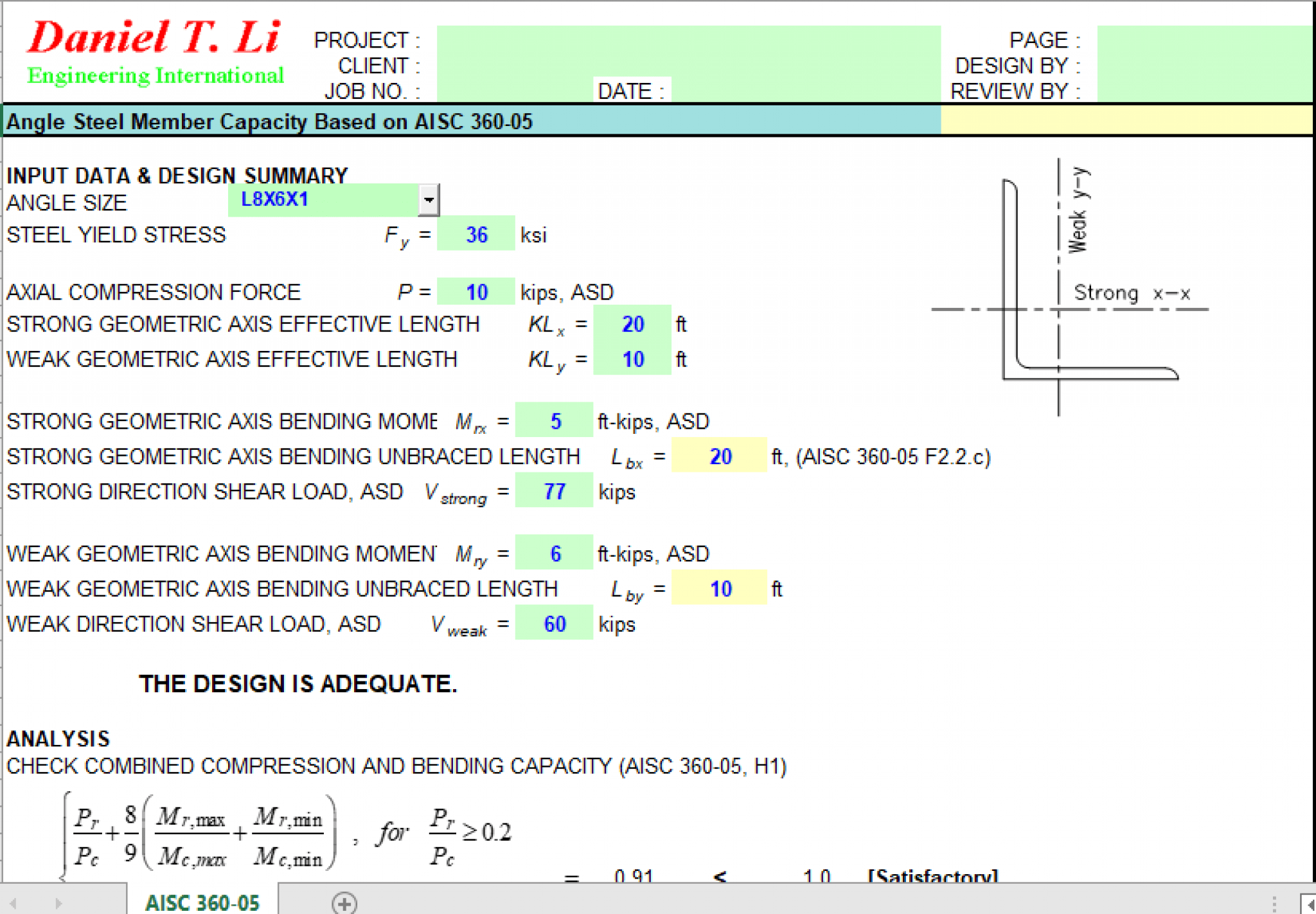 Angle Steel Member Capacity Based on AISC 36005 Excel Sheets