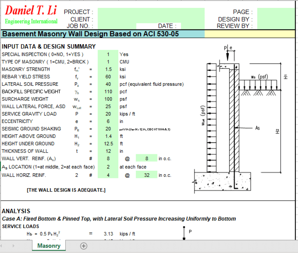 Basement Masonry Wall Design Based on ACI 530-05 - Excel Sheets