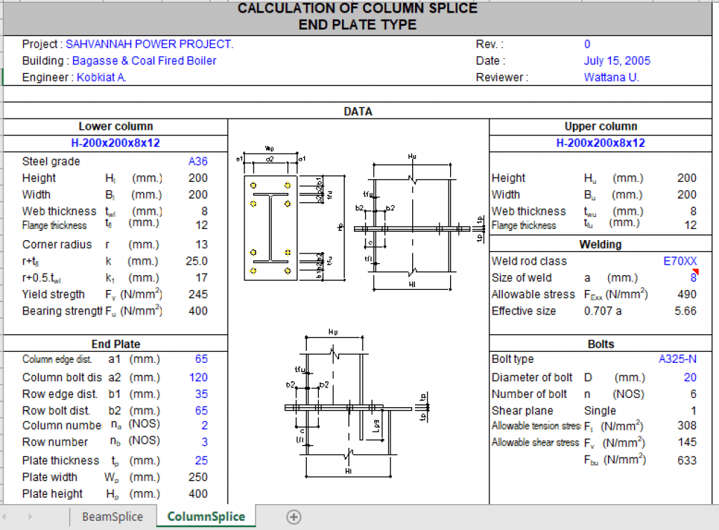 CALCULATION OF COLUMN SPLICE END PLATE TYPE - Excel Sheets