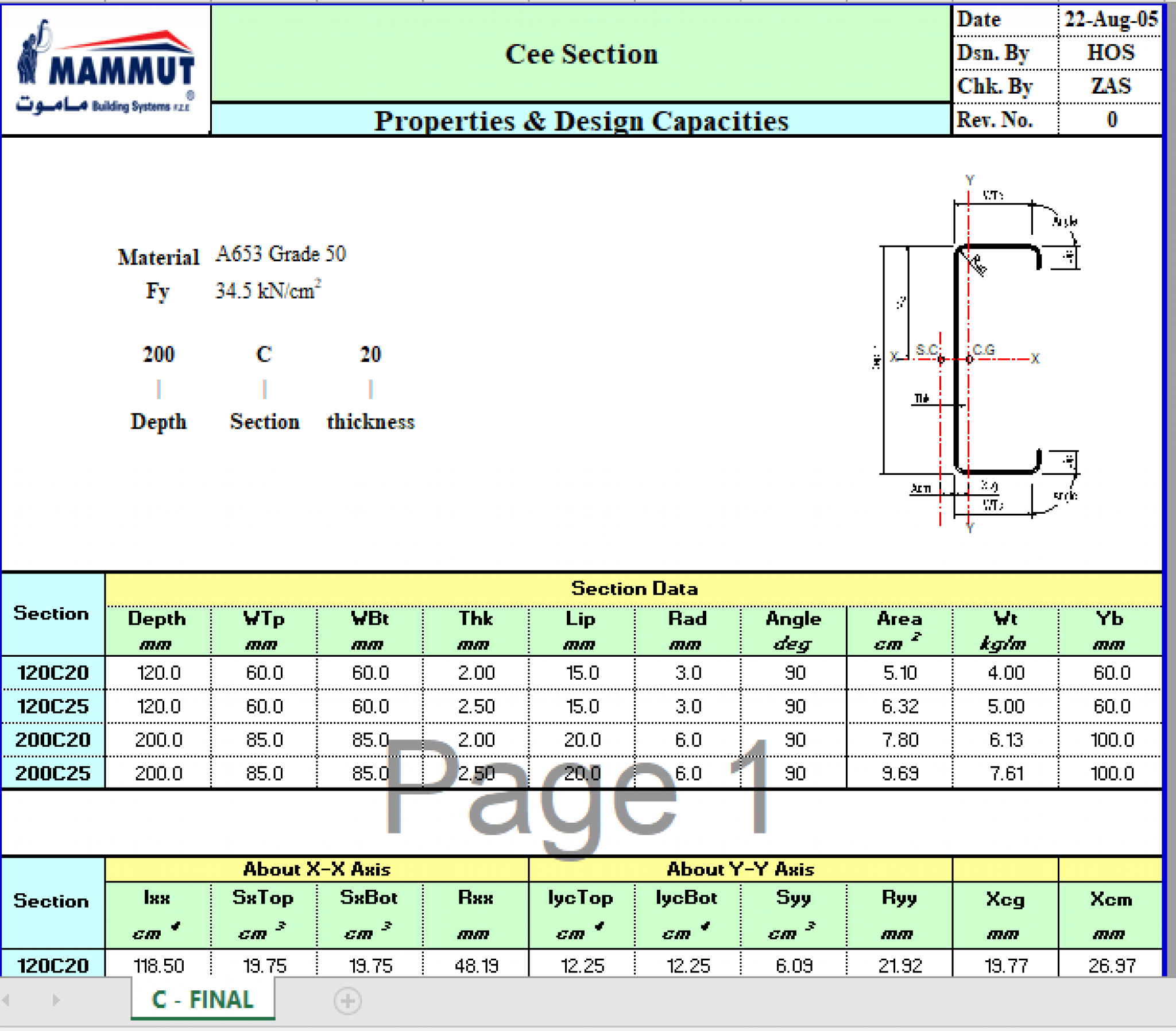 Cee Section Properties & Design Capacities - Excel Sheets