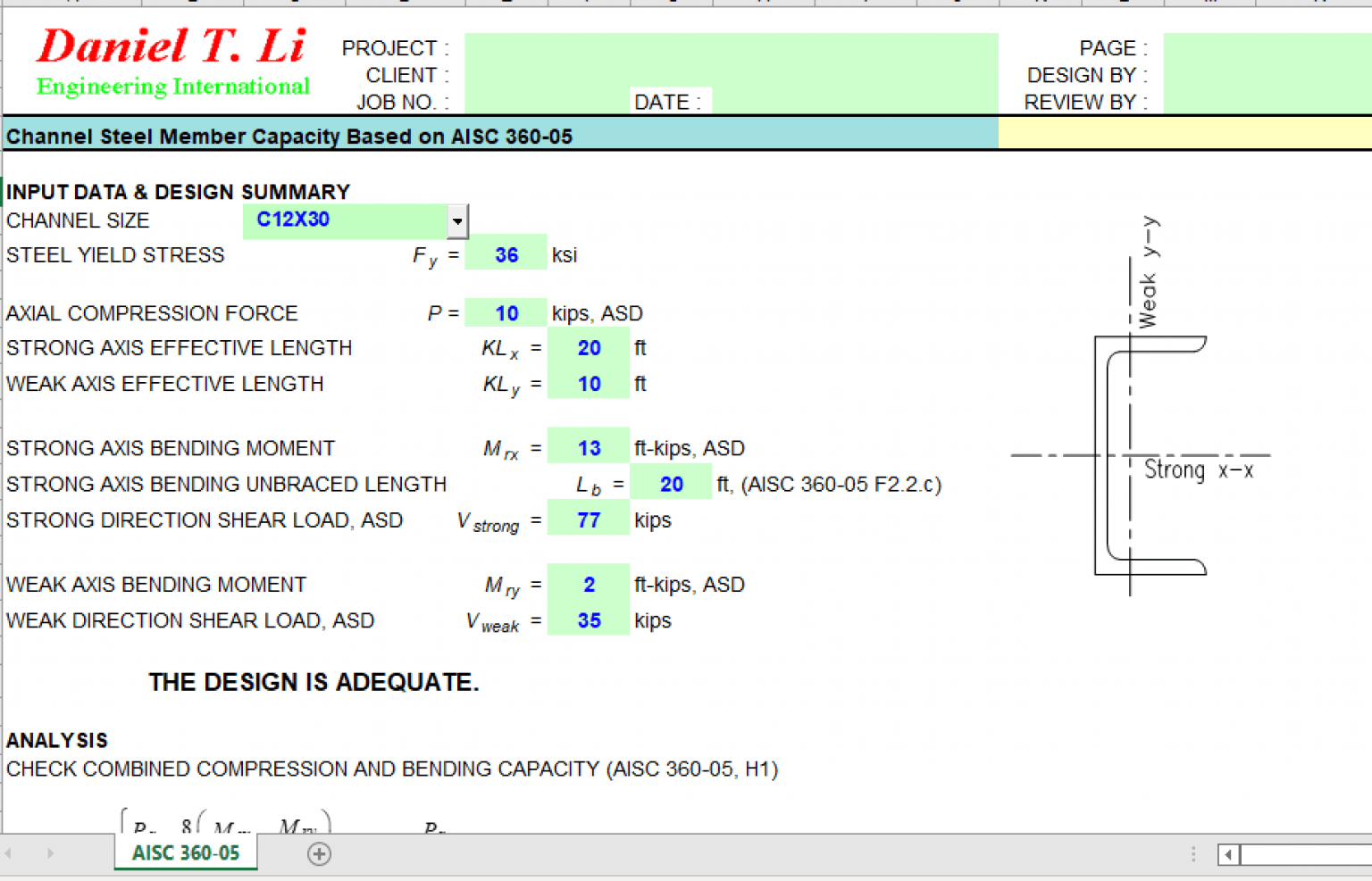 Channel Steel Member Capacity Based on AISC 360-05 - Excel Sheets