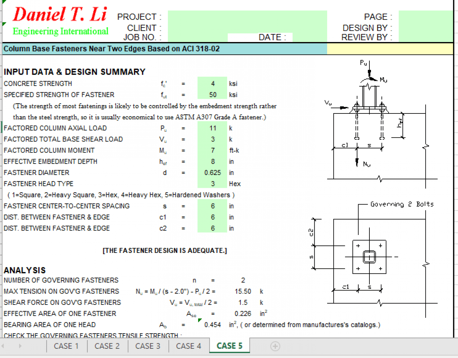 Column Base Fasteners Near Two Edges Based on ACI 318-02 - Excel Sheets