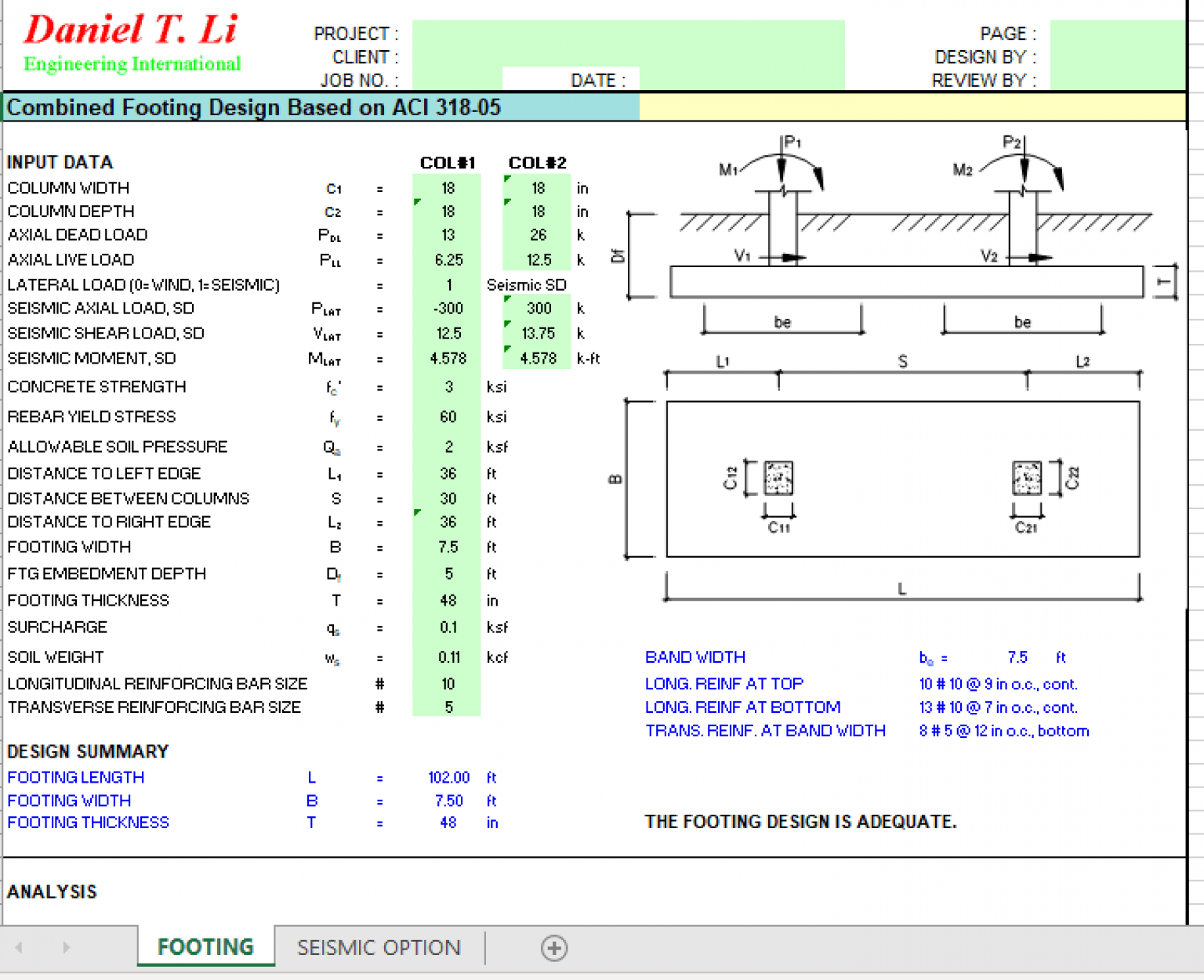 Combined Footing Design Based On ACI 318-05 - Excel Sheets