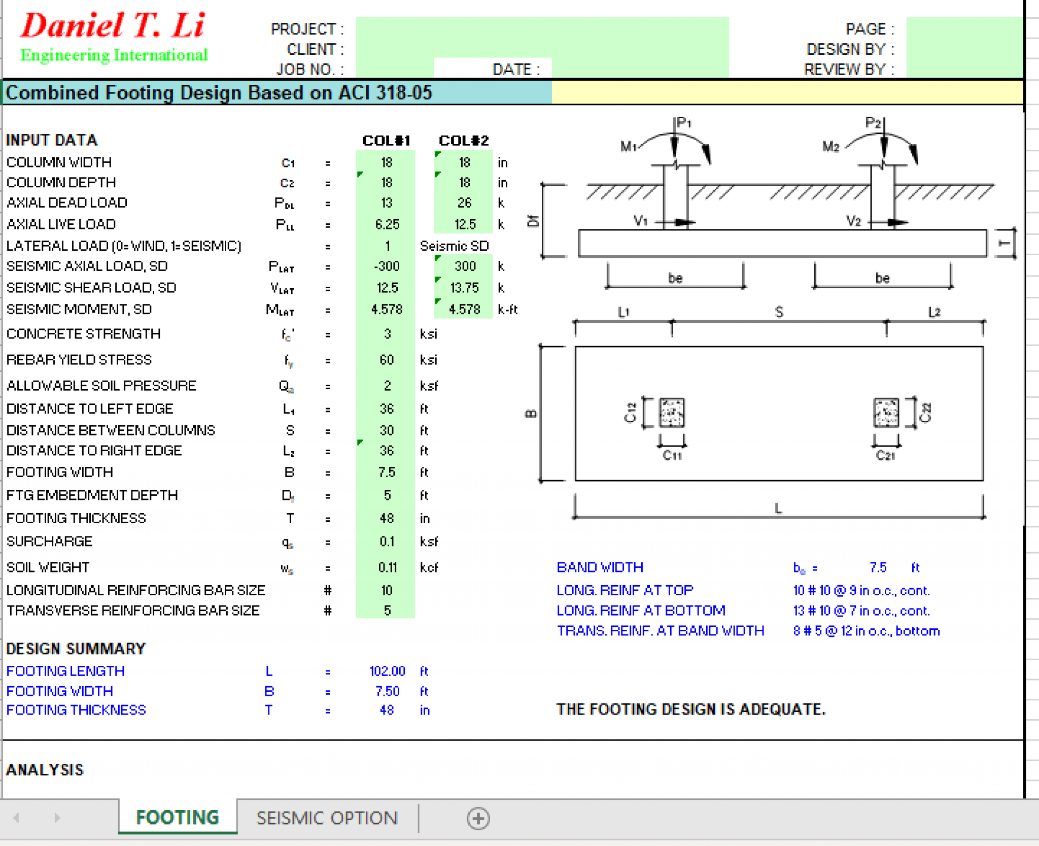 Combined Footing Design Based on ACI 318-05 - Excel Sheets