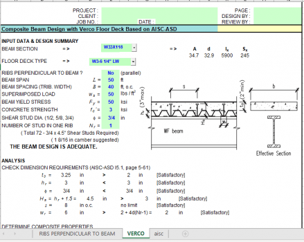 Composite Beam Design with Verco Floor Deck Based on AISC-ASD - Excel ...