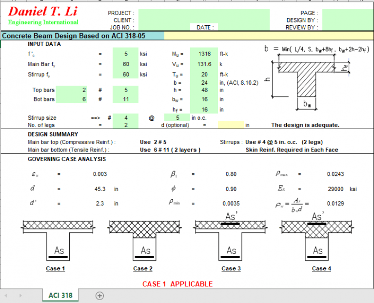 Concrete Beam Design Based on ACI 318-05 - Excel Sheets