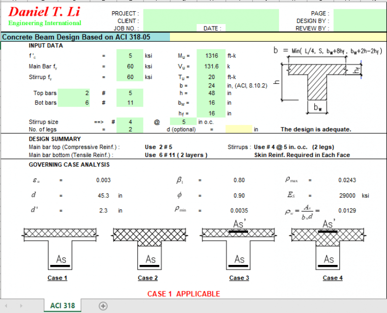 Concrete Beam Design Based on ACI 318-05 - Excel Sheets