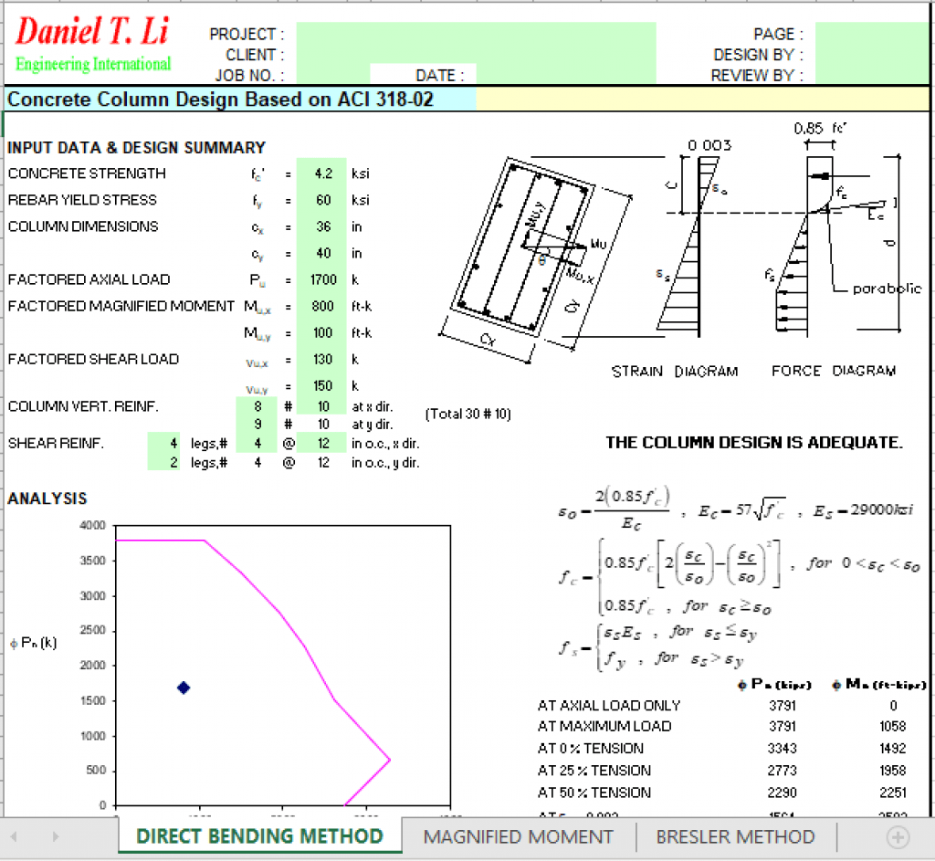 Concrete Column Design Based on ACI 318-02 - Excel Sheets