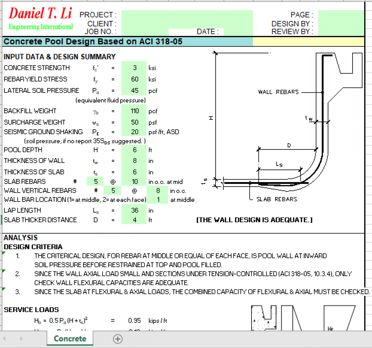 Concrete Pool Design Based on ACI 318-05 - Excel Sheets