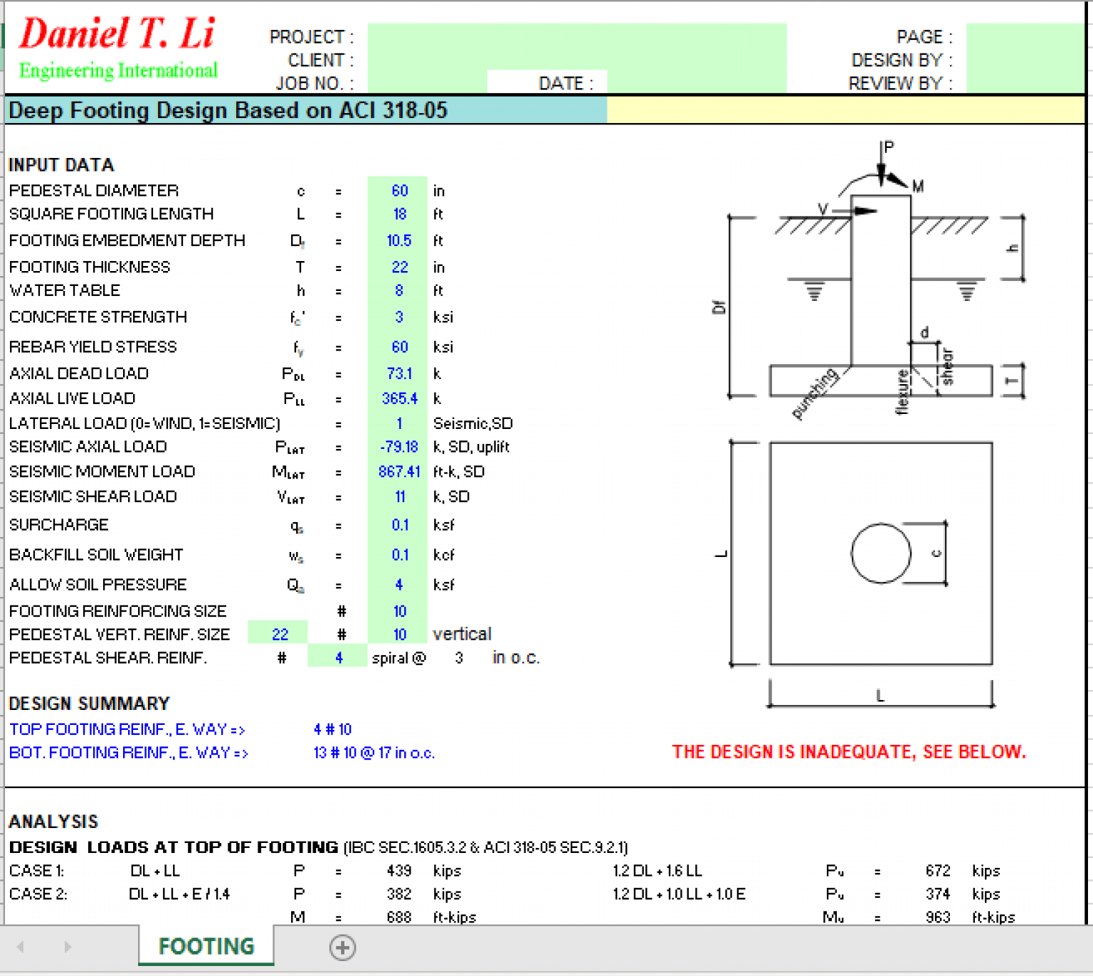 Deep Footing Design Based On ACI 318-05 - Excel Sheets