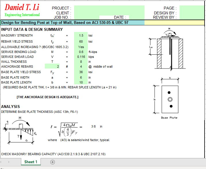 Design for Bending Post at Top of Wall Based on ACI 530 05 UBC 97