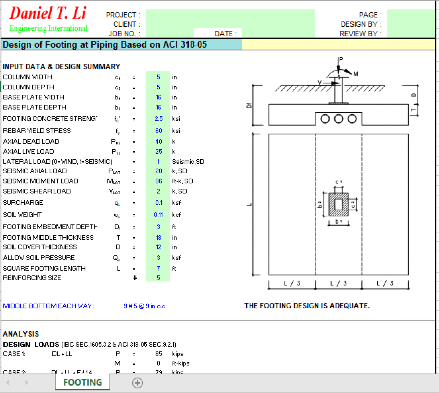 Design Of Footing At Piping Based On ACI 318-05 - Excel Sheets