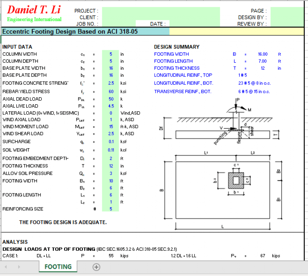 Eccentric Footing Design Based On ACI 318-05 - Excel Sheets