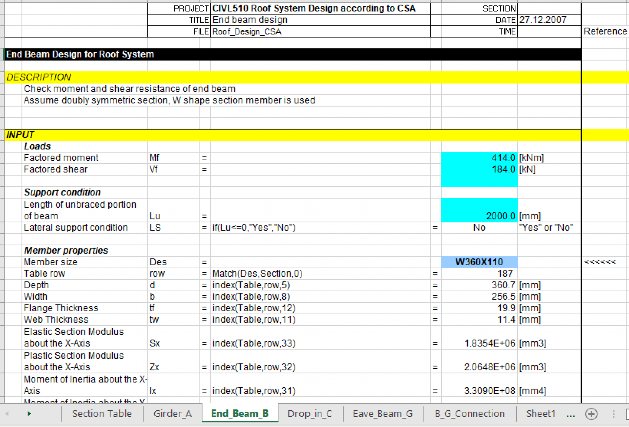 End Beam Design for Roof System - Excel Sheets