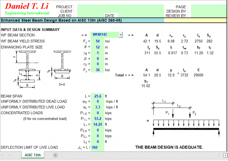 Enhanced Steel Beam Design Based on AISC 13th (AISC 360-05) - Excel Sheets