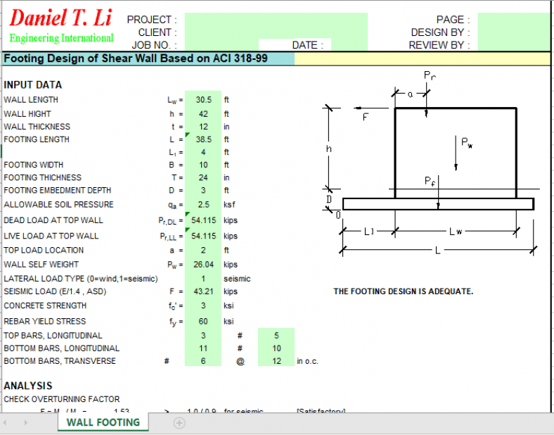 Footing Design of Shear Wall Based on ACI 318-99 - Excel Sheets