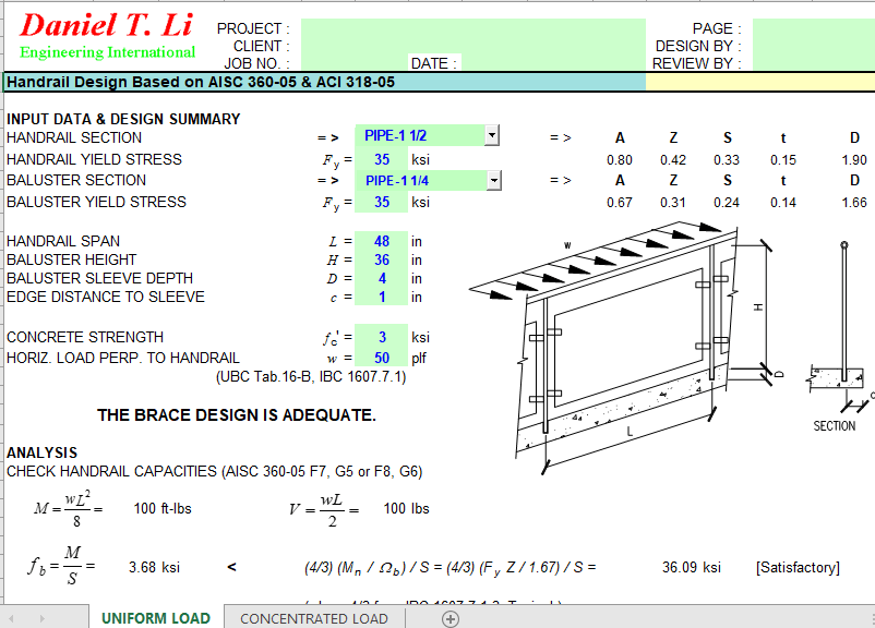 Handrail Design Based on AISC 360 05 ACI 318 05