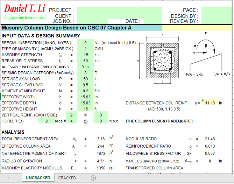 Masonry Column Design Based on CBC 07 Chapter A - Excel Sheets