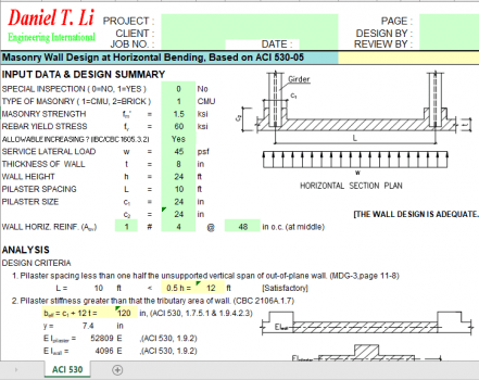 Masonry Wall Design at Horizontal Bending, Based on ACI 530-05 - Excel ...