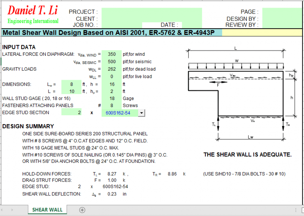 Metal Shear Wall Design Based on AISI 2001, ER-5762 & ER-4943P - Excel ...