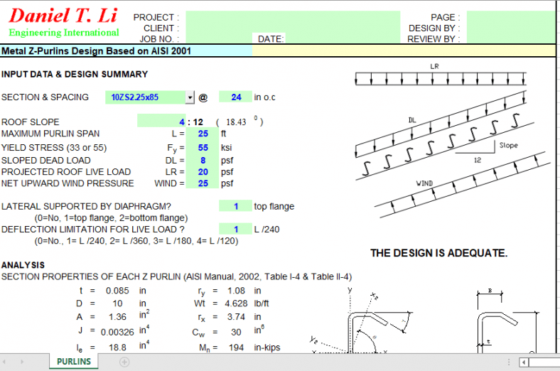 Metal Z-Purlins Design Based on AISI 2001 - Excel Sheets