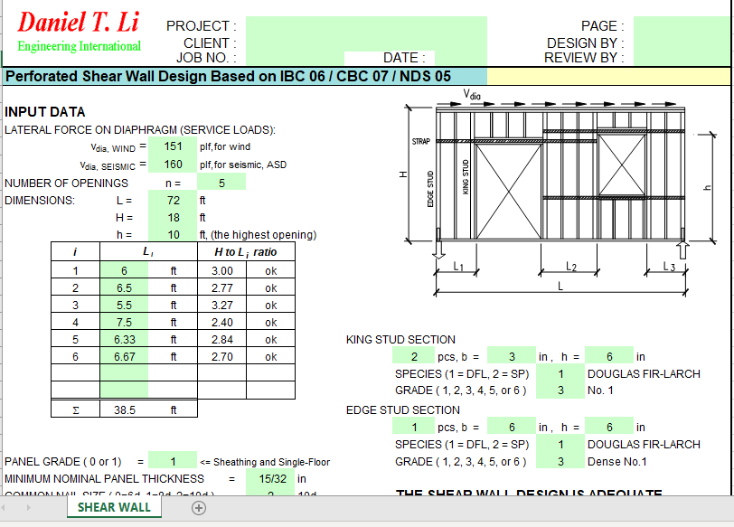 Perforated Shear Wall Design Based on IBC 06 CBC 07 NDS 05
