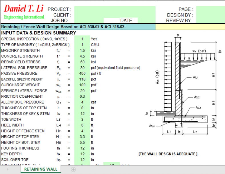 Retaining   Fence Wall Design Based On Aci 530-02 & Aci 318-02 - Excel 