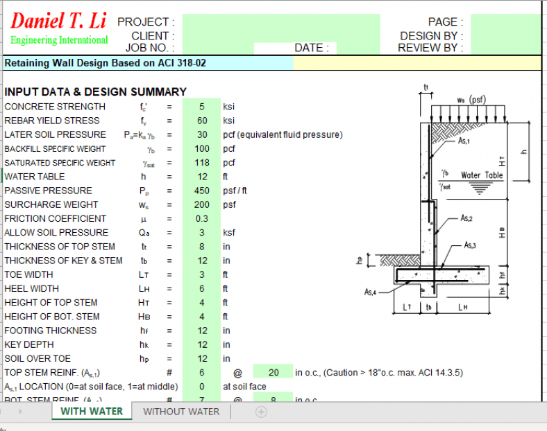 Retaining Wall Design Based on ACI 318-02 - Excel Sheets