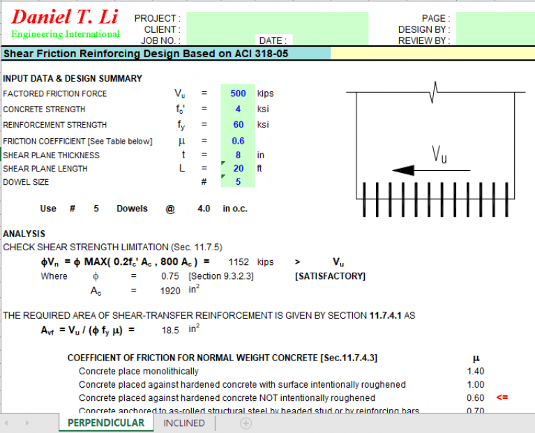 Shear Friction Reinforcing Design Based on ACI 318-05 - Excel Sheets