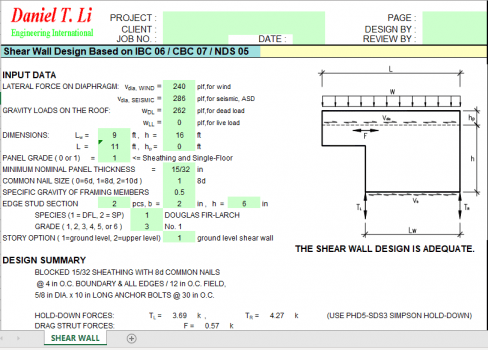 Shear Wall Design Based on IBC 06 / CBC 07 / NDS 05 - Excel Sheets