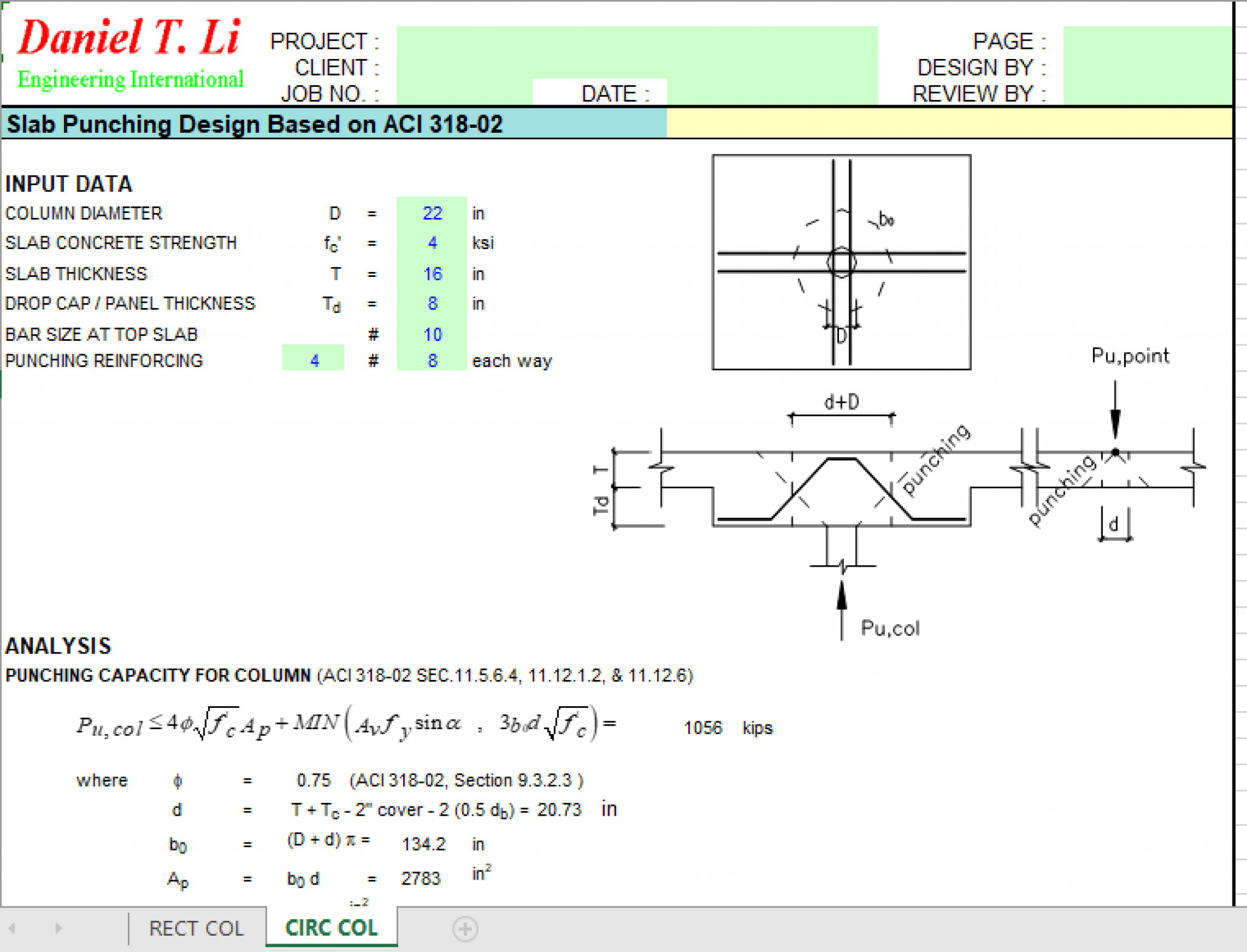 Slab Punching Design Based on ACI 318-02 - Excel Sheets