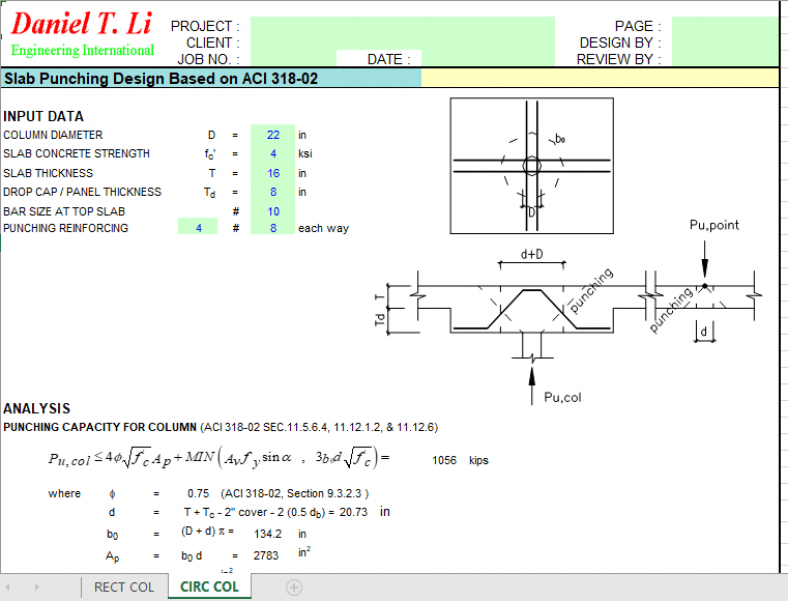 Slab Punching Design Based on ACI 318-02 - Excel Sheets