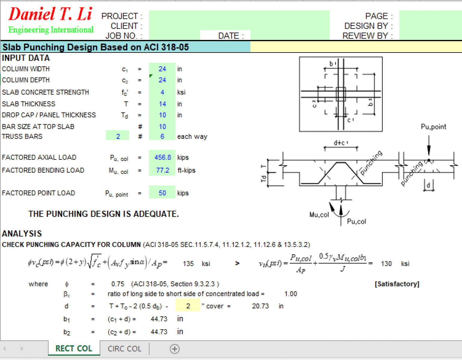 Slab Punching Design Based on ACI 318-05 - Excel Sheets