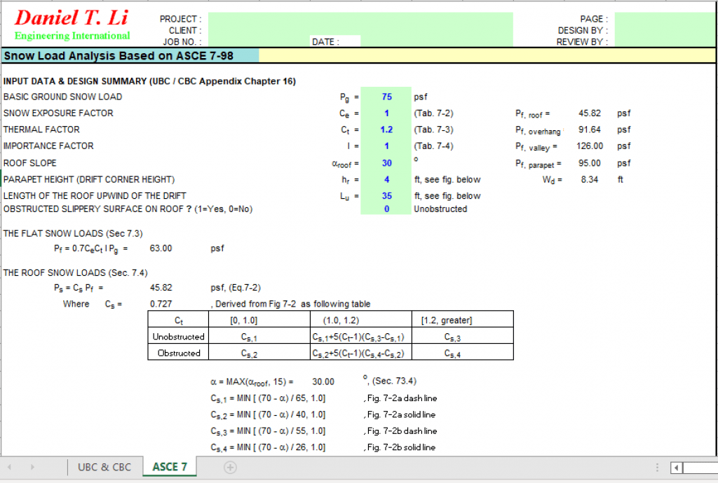 Snow Load Analysis Based on ASCE 7-98 - Excel Sheets