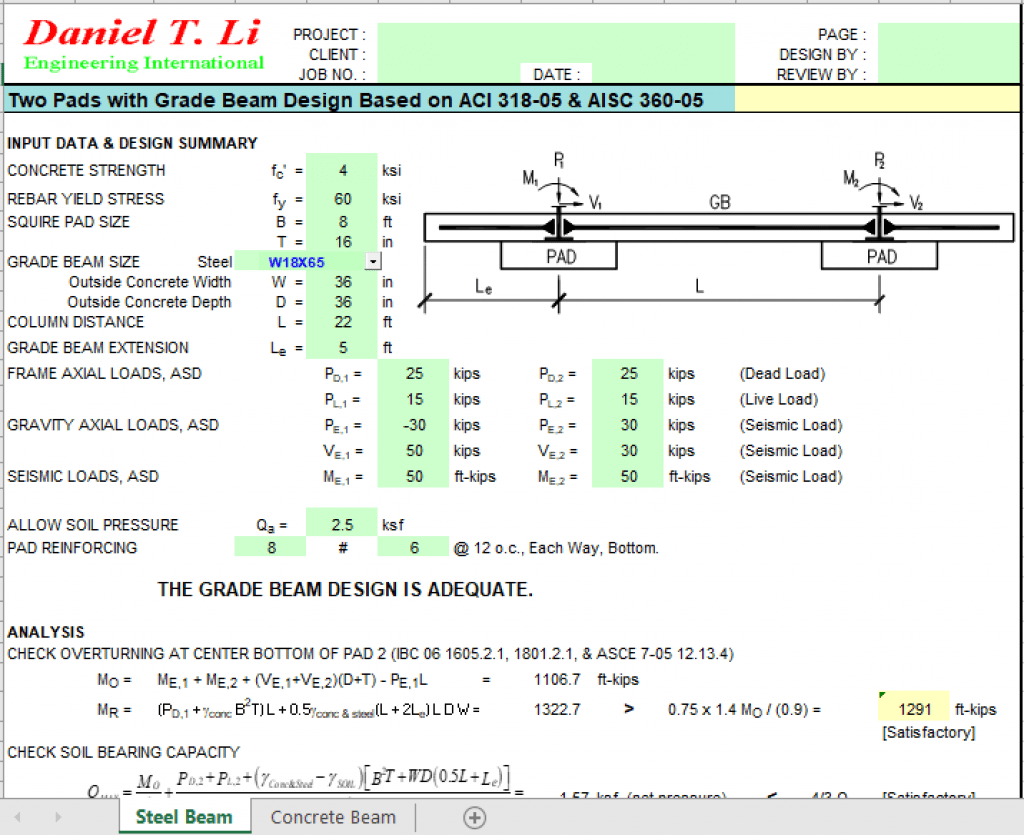 Two Pads With Grade Beam Design Based On Aci 318 05 And Aisc 360 05 Excel Sheets 6251