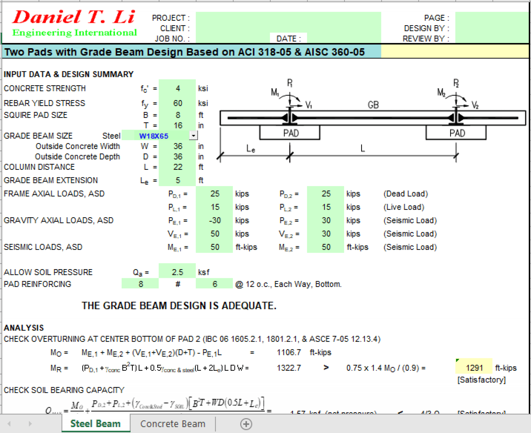 Two Pads With Grade Beam Design Based On ACI 318-05 & AISC 360-05 ...